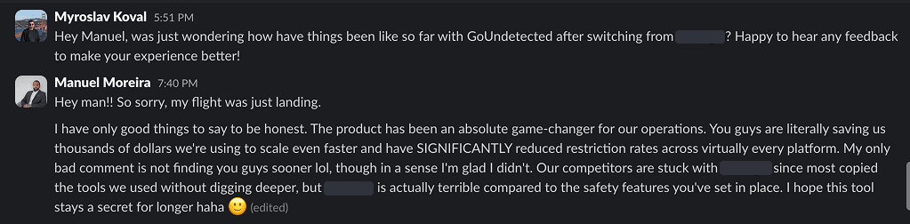Slack conversation with Manuel Moreira from Akountify.ai sharing feedback about GoUndetected