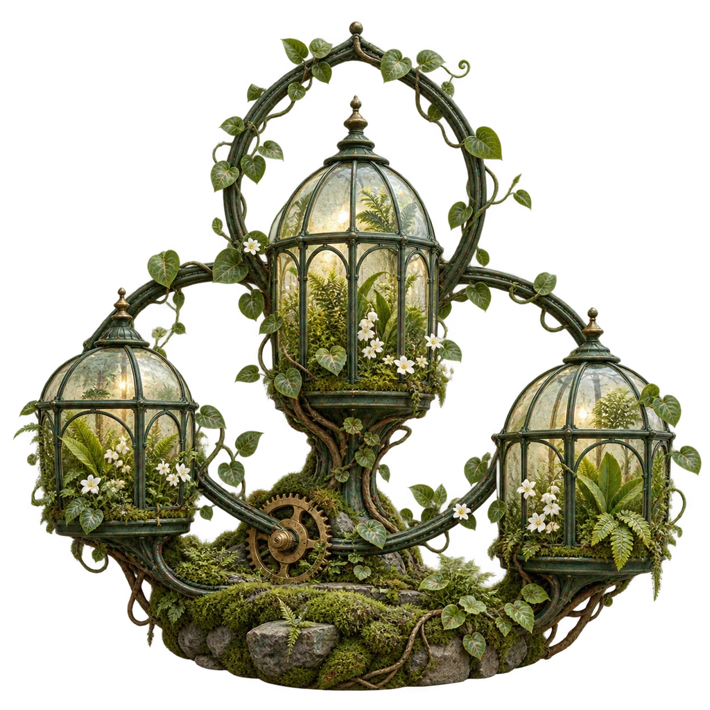 Glass conservatories connected by a looping botanical trellis, representing repeatable automated workflows