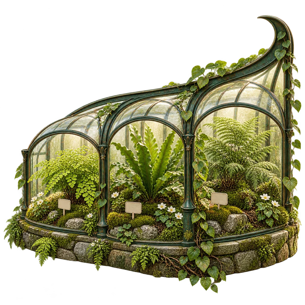 A curved glass greenhouse with distinct botanical bays and garden tags, representing organized profiles