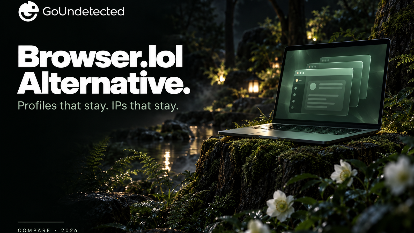 GoUndetected browser.lol alternative cover with a laptop showing stacked browser profiles in a night forest