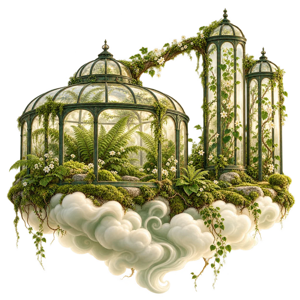 Wide and tall botanical glass houses on a cloud-supported terrace, representing browser and mobile environments