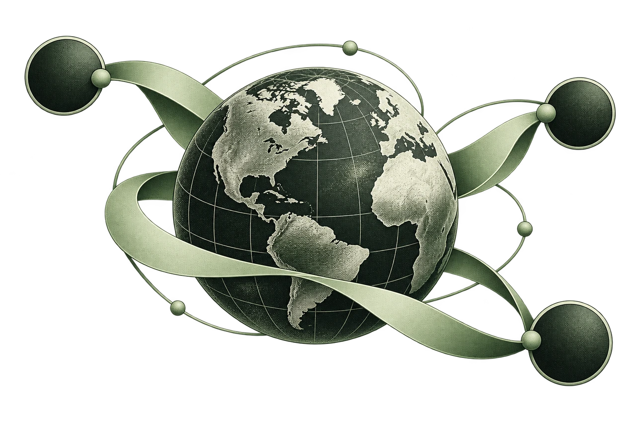 An engraved globe linking three independent IP endpoints through sage routing paths