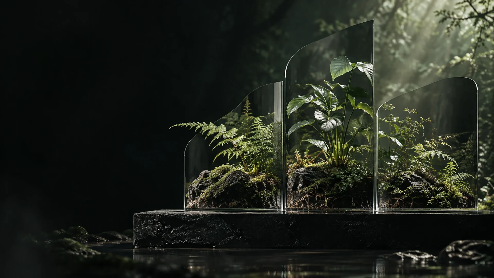 Separate fern gardens divided by translucent glass in a dark green landscape.