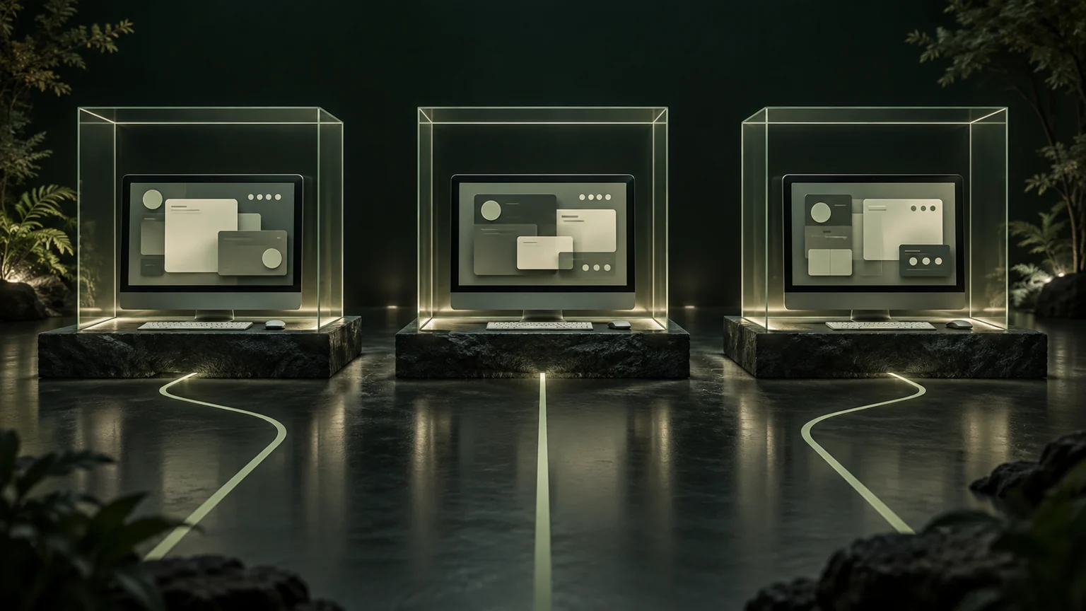 Conceptual illustration of three computer stations in separate glass enclosures, each with an independent path.