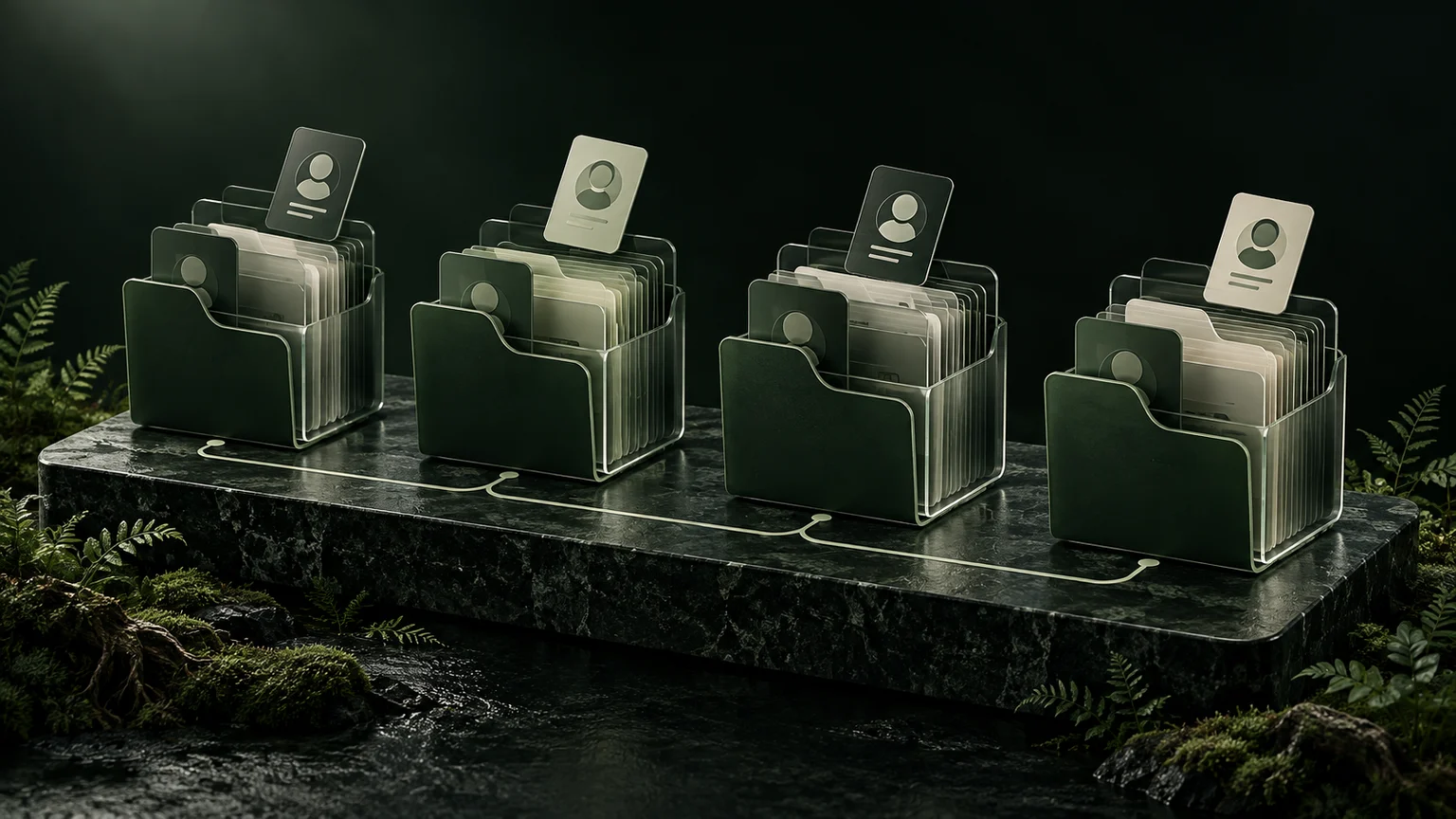 Conceptual illustration of separate browser profile cards organized into client folders around one shared workspace.